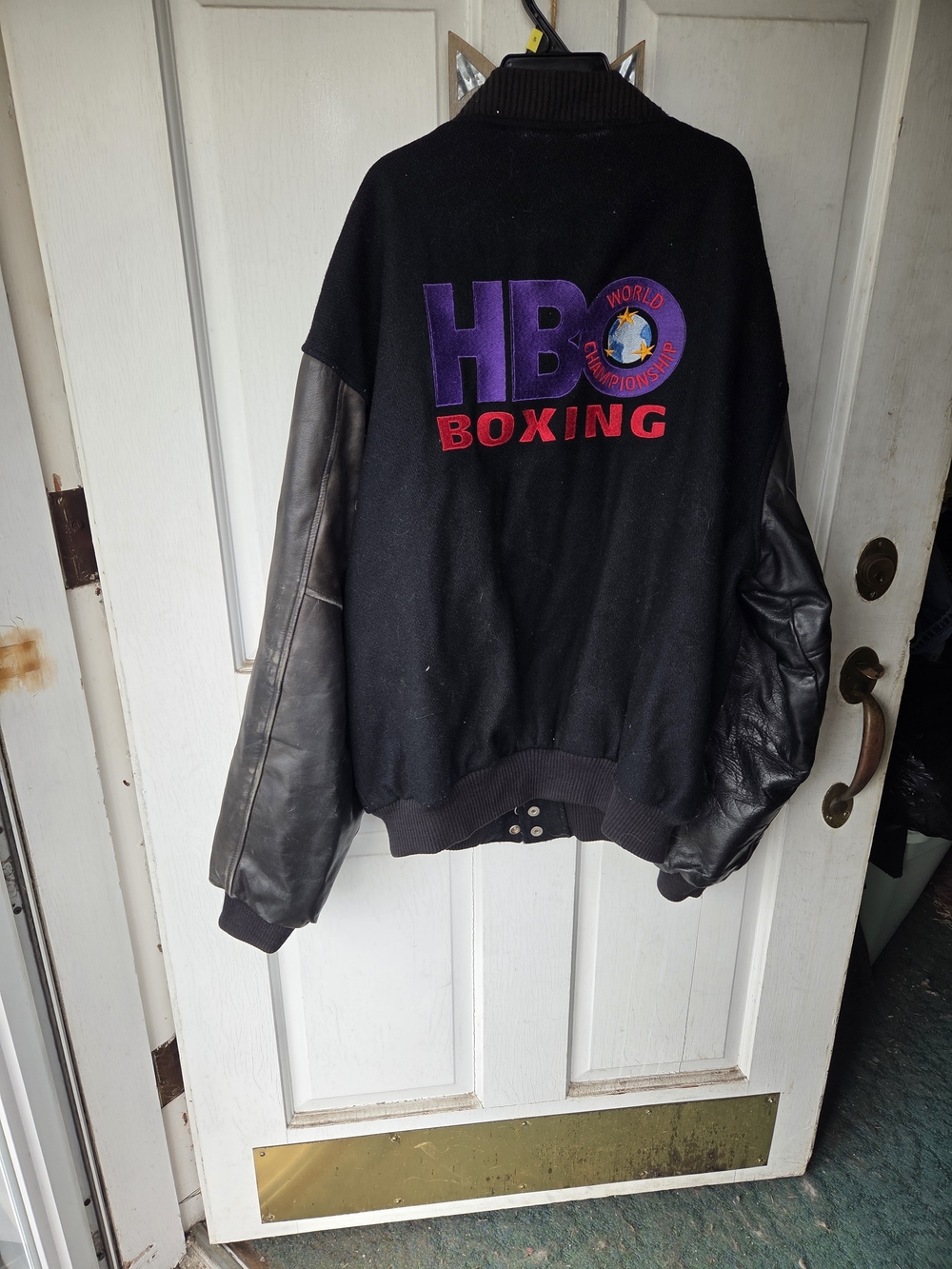 Hbo Boxing World Champonship Black Wool & Leather Sleeves Varsity Jacket Size Xl